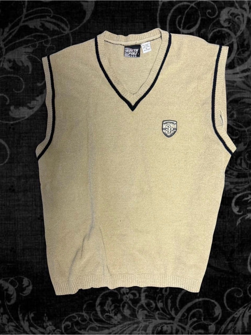 South Pole Men's Cream V-Neck Sweater Vest with Navy Trim